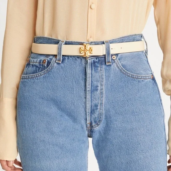 Tory Burch Eleanor Leather Belt, Color New Cream/Gold, Sz Medium display picture 2